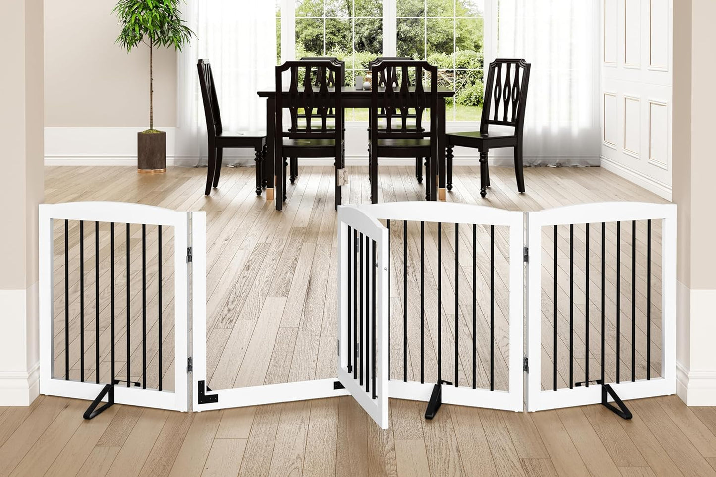 PUPETPO Freestanding Dog Gate with Door, Pet Gate for Stairs, 80 inch Wide Pet Barrier Indoor, Dog Fences Indoor, Support Feet Included, 4 Panels, 24" Tall, Dark Brown