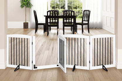 PUPETPO Freestanding Dog Gate with Door, Pet Gate for Stairs, 80 inch Wide Pet Barrier Indoor, Dog Fences Indoor, Support Feet Included, 4 Panels, 24" Tall, Dark Brown