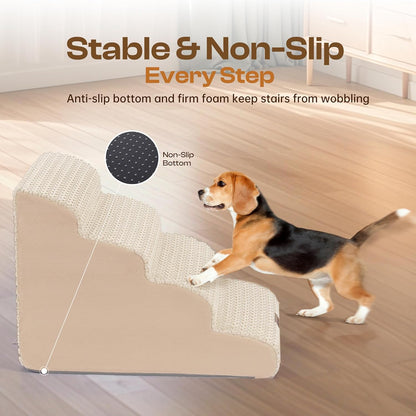 Extra Wide 4-Step Dog Stairs for Bed & Couch 18" H, More Stable Non-Slip Pet Steps with Balanced Foam Structure and Gentle Slopes, Stylish Indoor Dog Steps for Small & Medium Dogs, Gray