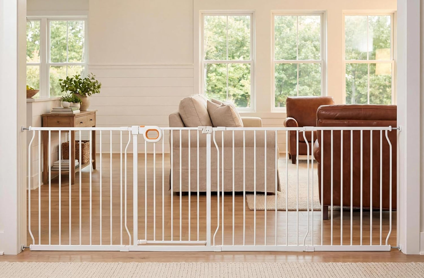 Baby Gates Extra Wide for Large Opennings with Door Pressure Mounted 90.6-95.2 Inch Extra Wide Baby Gate Dog gate for Doorways Indoor Metal Gate No Drilling with Walk-Through Door,White