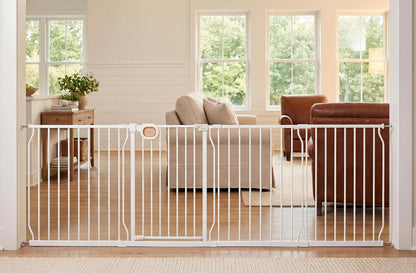 Baby Gates Extra Wide for Large Opennings with Door Pressure Mounted 90.6-95.2 Inch Extra Wide Baby Gate Dog gate for Doorways Indoor Metal Gate No Drilling with Walk-Through Door,White