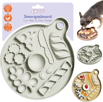 Awoo Smorgasboard - Silicone Dog and Puppy Lick Mat and Slow Feeder with Suction Cups - Non-Slip, Dishwasher Safe Pet Dish - Extends Mealtime for Fast Eaters - for Wet & Dry Food (Misty Blue)