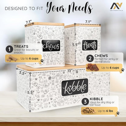 A&N Essentials 3-Piece Pet Food Storage Container Set – Airtight Galvanized Steel with Bamboo Lids – Holds Up to 6 lbs Kibble & 6 Cups Treats for Dogs & Cats