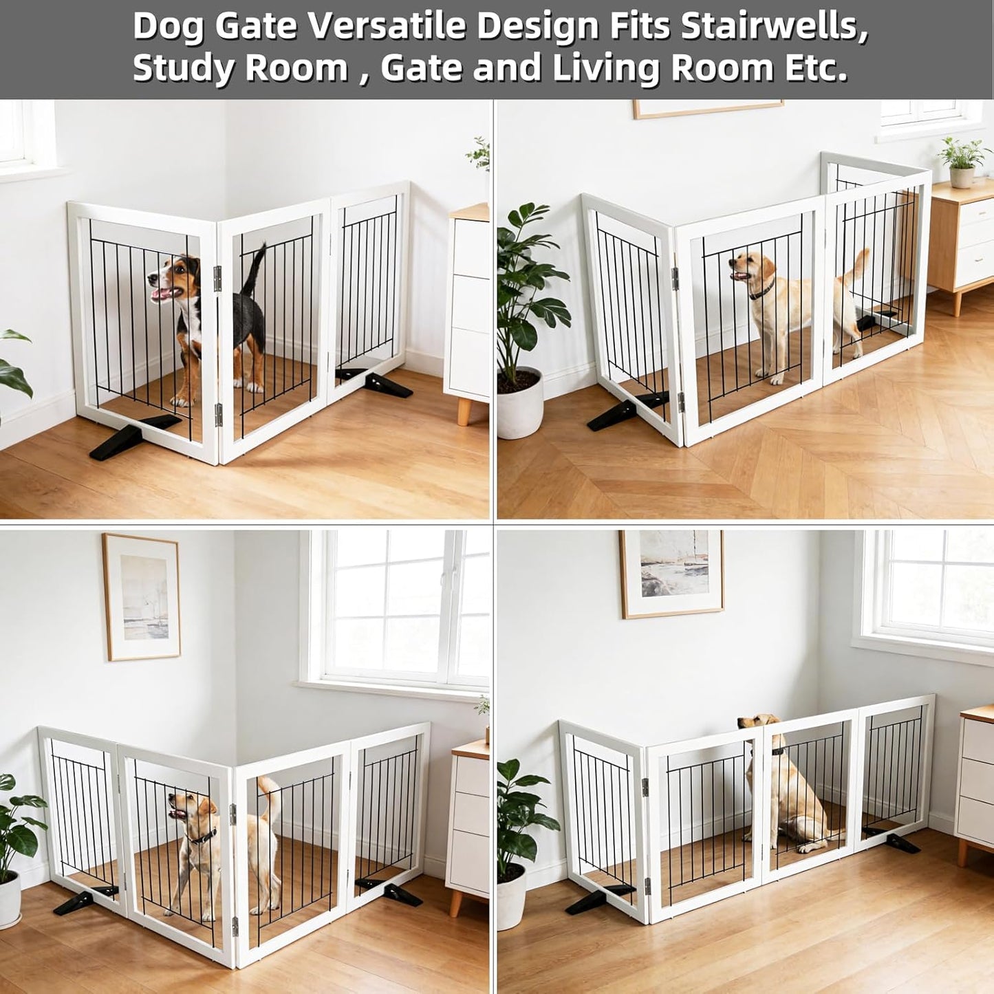 ZJSF Freestanding Dog Gate Indoor, Foldable Dog Fence for Doorways,Hallways or Stairs, Sturdy Wood Extra Wide Pet Gate with Support Feet,Black,24 "Height-3 Panels
