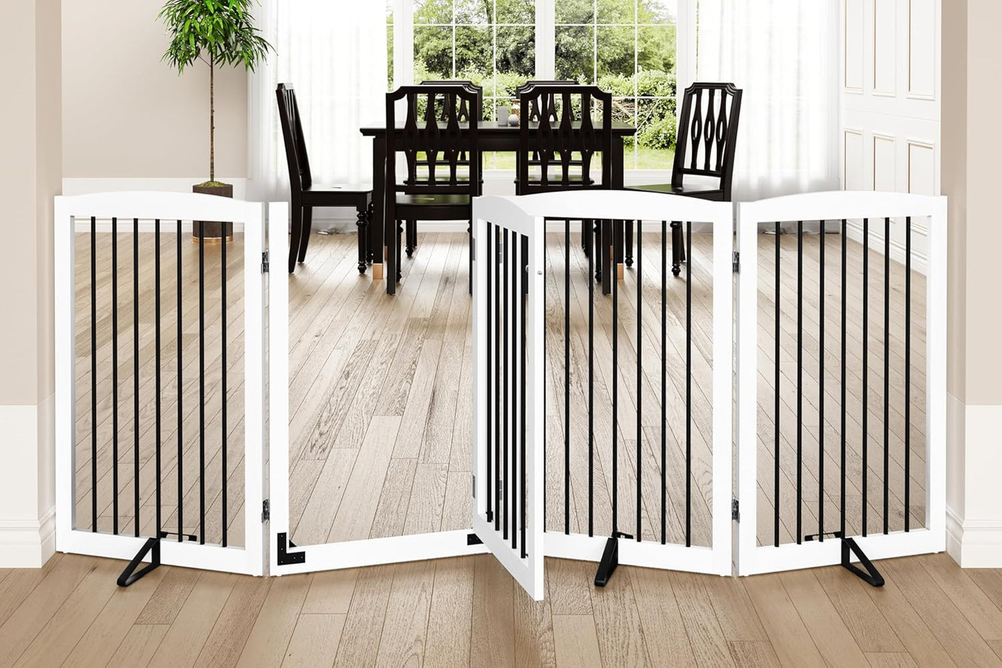 PUPETPO Freestanding Dog Gate with Door, Pet Gate for Stairs, 80 inch Wide Pet Barrier Indoor, Dog Fences Indoor, Support Feet Included, 4 Panels, 24" Tall, Dark Brown