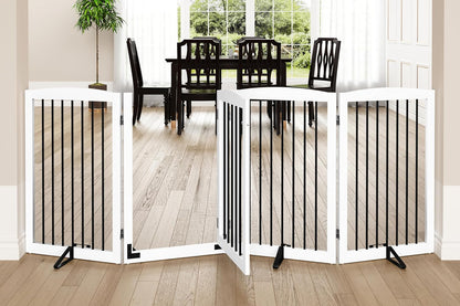 PUPETPO Freestanding Dog Gate with Door, Pet Gate for Stairs, 80 inch Wide Pet Barrier Indoor, Dog Fences Indoor, Support Feet Included, 4 Panels, 24" Tall, Dark Brown