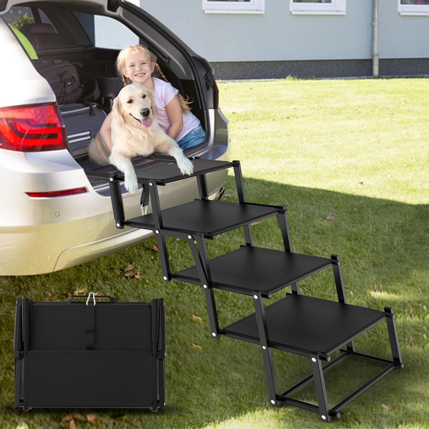 Extra Wide 5 Steps Dog Stairs for Large Dogs, Foldable DogRamp for Car with Non-Slip Surface, Pet Stairs DogStairs for car, Dog Steps for Cars, SUV, High Beds, Truck, Supports up to 250 lbs