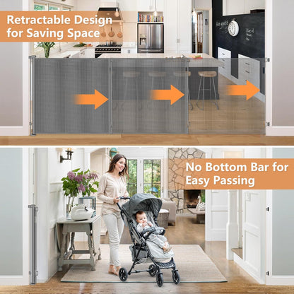 48" Extra Tall Retractable Dog Gate Indoor Prevent Your Baby/Dog/Cat from Jumping Over 55" Wide Extra Tall Retractable Baby Gate for Doorway Mesh Gates for Kids or Pets Puppy Gates for the House, Gray