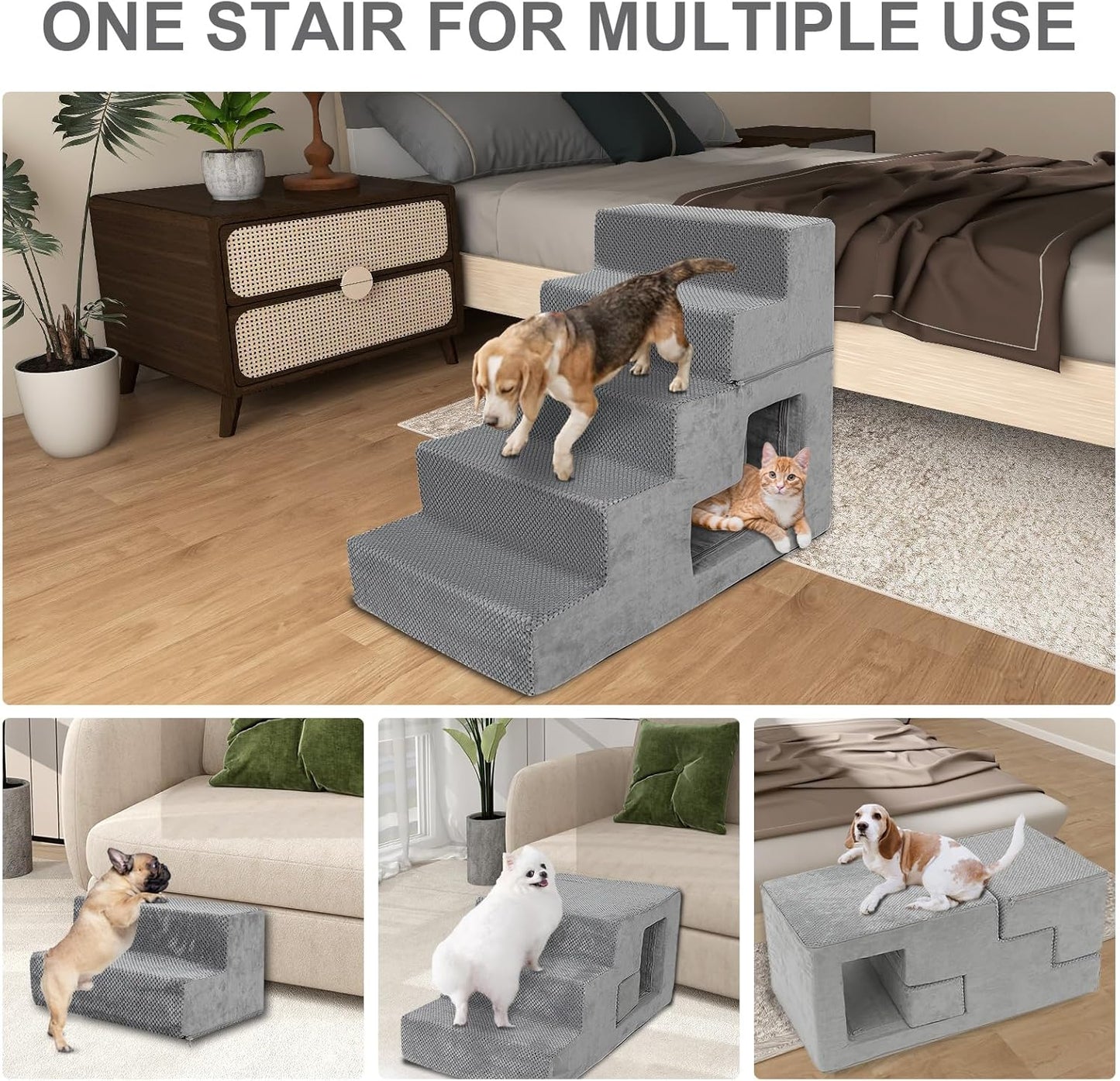 Dog Stairs for Small Dogs, 6-Step Dog Steps for High Bed, High-Density Foam Pet Stairs with Non-Slip Removable Washable Cover to Get on Bed
