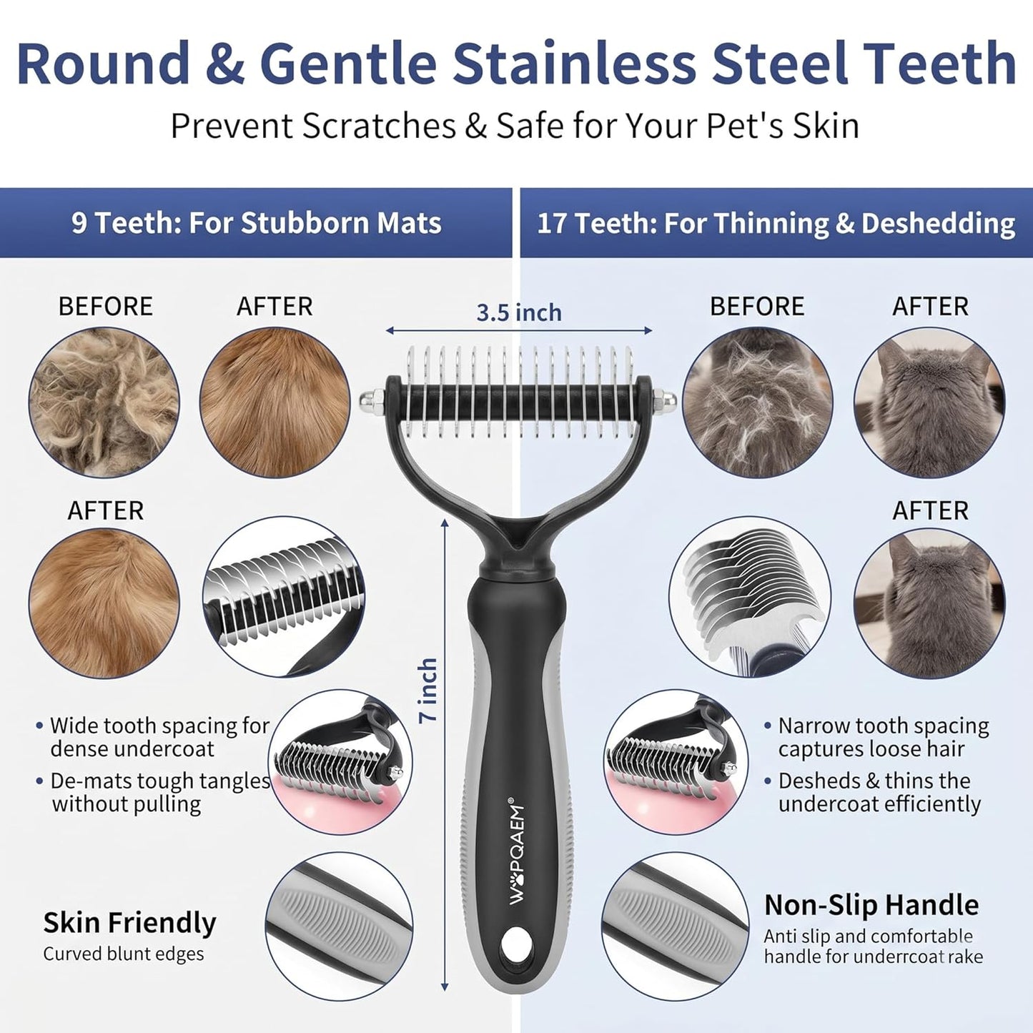 Dog Brush Grooming Kit 5 PCS - Self Cleaning Slicker Brush for Shedding Short Long Haired Dogs & Cats, Includes Pet Comb, Flea Comb, Bath Brush, Undercoat Rake - Complete Fur Care Set - Gray