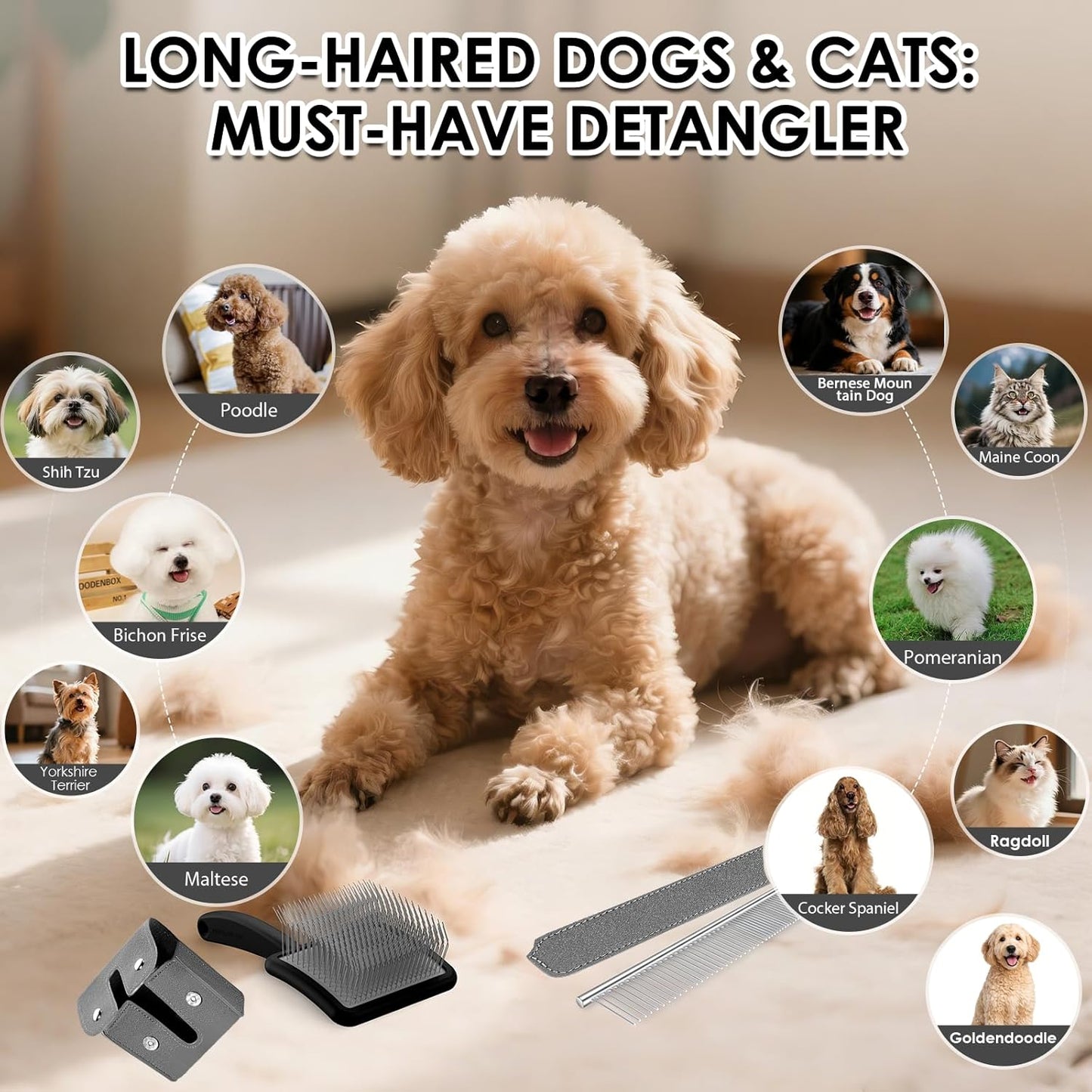 Large Slicker Brush for Dogs,Doodle Brush for Poodles, Goldendoodles, Labradoodle, Extra Long Pins for Detangling Matted Fur & Removing Tangle, Dog Grooming Kit with Wooden Handle. Black