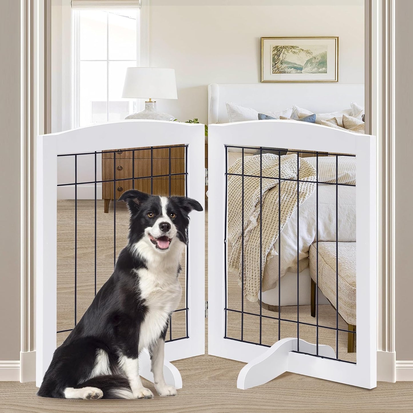 LZRS 2-Panel Freestanding Foldable Wood Dog Gate – Solid Wood & Steel Wire, Chew-Resistant Pet Barrier for Indoor Use, Ideal for Small to Medium Dogs, White
