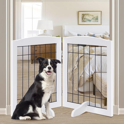 LZRS 2-Panel Freestanding Foldable Wood Dog Gate – Solid Wood & Steel Wire, Chew-Resistant Pet Barrier for Indoor Use, Ideal for Small to Medium Dogs, White