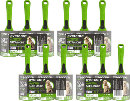 Evercare Pet Hair Lint Rollers All Purpose Use 100 Easy-Tear Sheets Per Roll Reusable Sticky Roller Pets Cat & Dog Hair Remover Contoured Handle For Furniture Clothing & Cars, Set of 3, Green