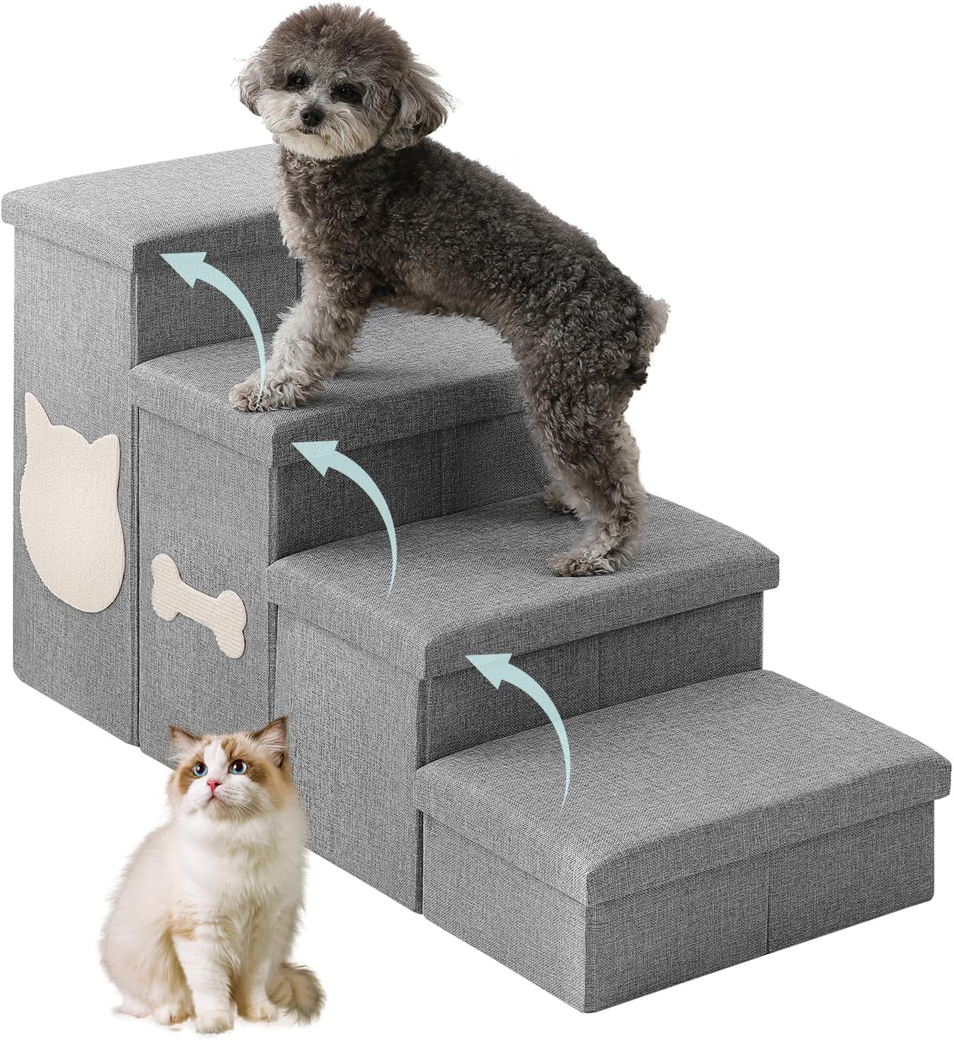 Wider Dog Steps for Bed 17" H, Foldable Dog Stairs with Storage, Non-Slip Pet Steps for Small Medium Large Dogs, Arthritis-Friendly Pet Stairs for Couch and Car Up to 200 lbs, Grey, 3 Steps