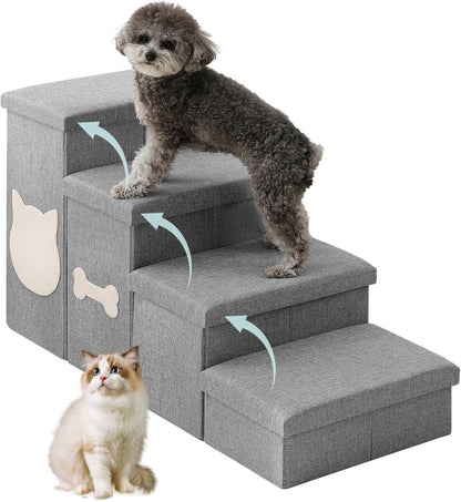 Wider Dog Steps for Bed 17" H, Foldable Dog Stairs with Storage, Non-Slip Pet Steps for Small Medium Large Dogs, Arthritis-Friendly Pet Stairs for Couch and Car Up to 200 lbs, Grey, 3 Steps