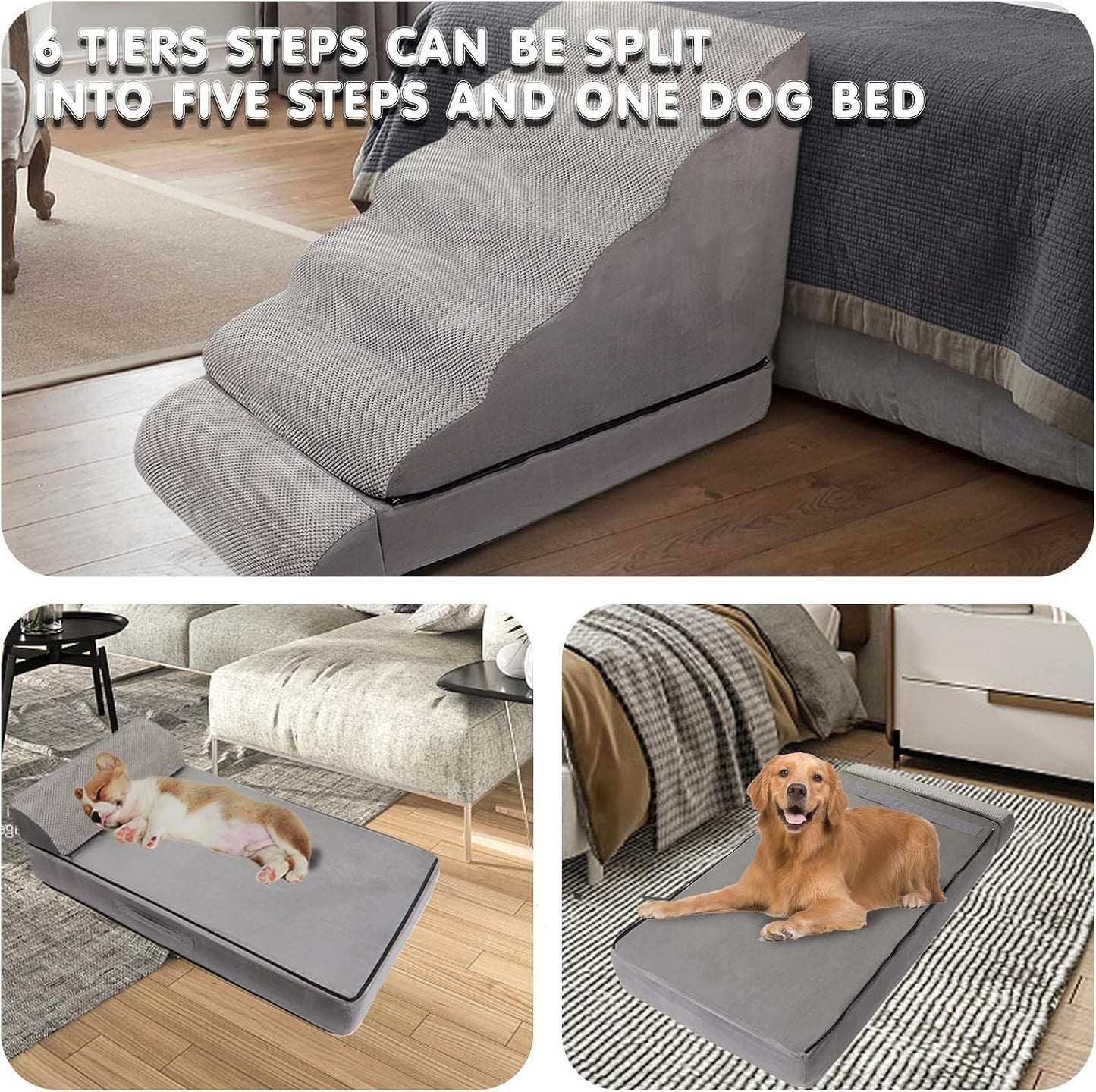 Dog Stairs for High Beds 30-36 inches Tall, 6-Step Pet Stairs/Steps for High Bed 32-36 inches for Small Large Dogs, Foam Dog Steps for Beds for Old Dogs/Cats, Dark Grey