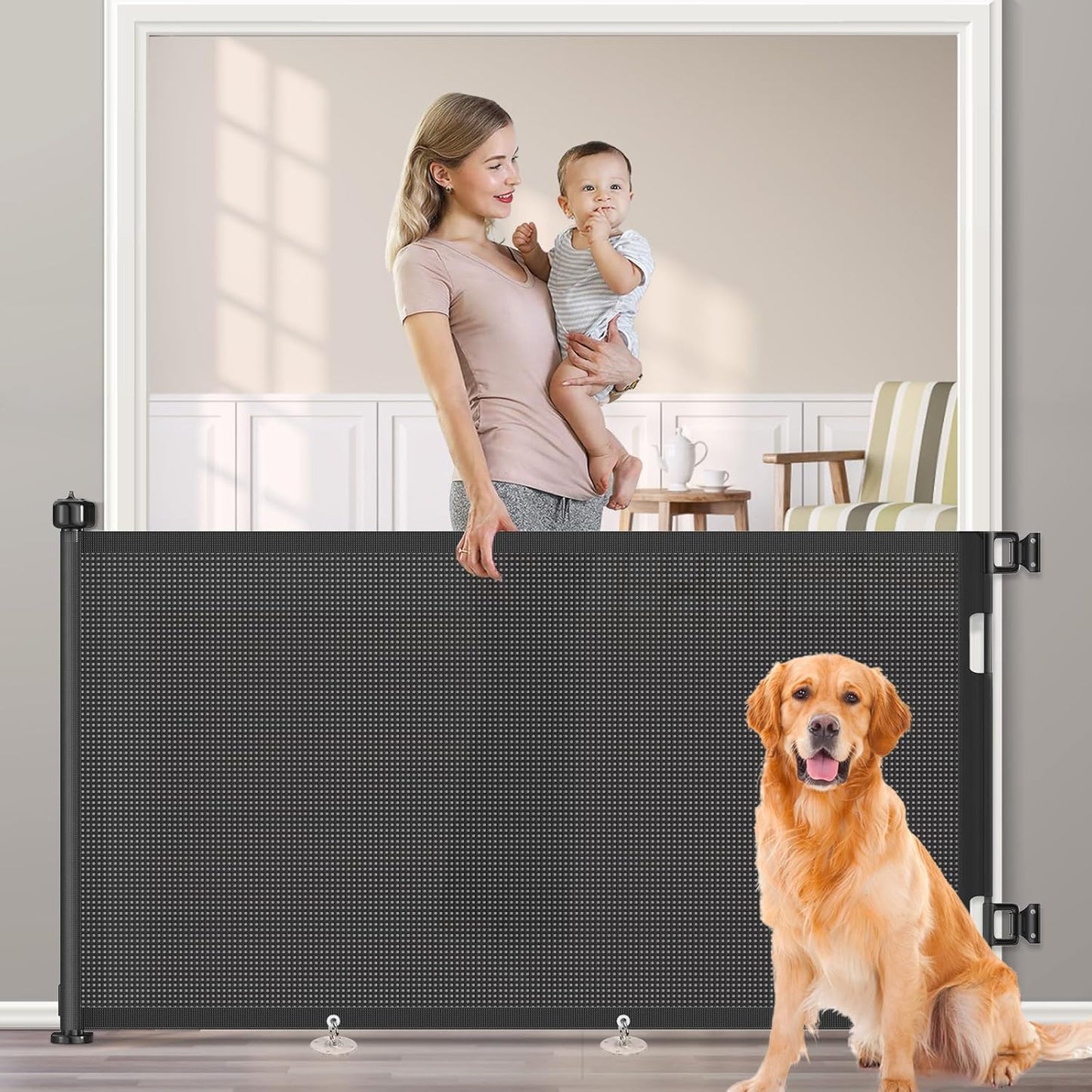 Upgrade 120 inch Retractable Baby Gates, EZIGO Extra Wide Baby Gate for Large Opening Extra Long Mesh Gate for Kids or Pet Dog Gate Child Safety Gate for Stairs Hallways Doorway Indoor Outdoor, Gray