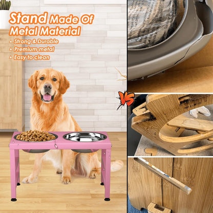 ADENGL Metal Raised Dog Bowl, 10" Tall Elevate Dog Feeder Stand with 2 Stainless Steel 42oz Bowls & 16x24 Non-Slip Mat – Stronger Dogs Food & Water Bowl Stand (Black)