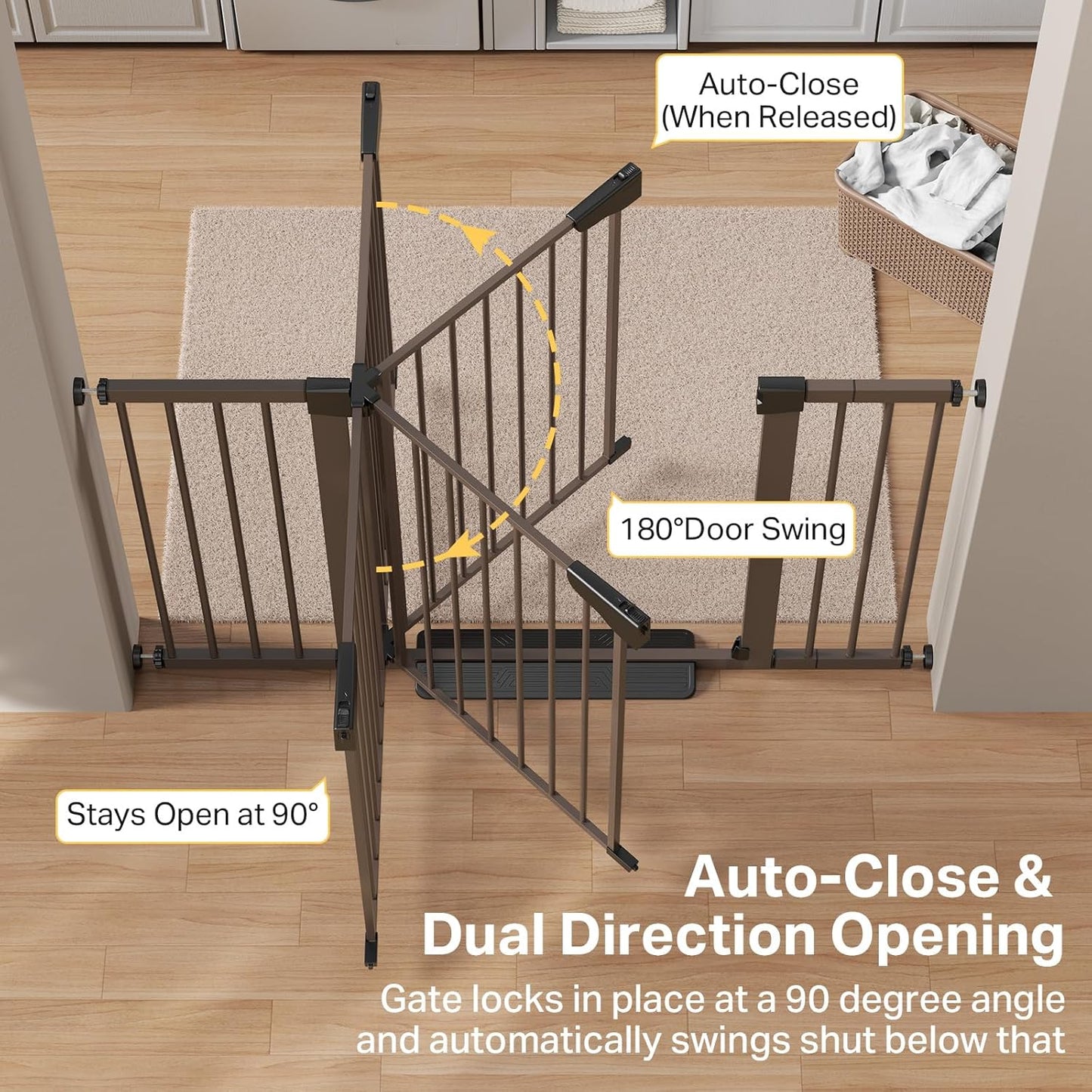 Cumbor 36.6-64" Extra Wide Baby Gate for Stairs, Dog Gates for Doorways, Auto-Close Pet Gate Indoor, Pressure Mounted Walk Through Safety Child Gate for Kids Toddler, Tall Pet Puppy Fence Gate, Brown