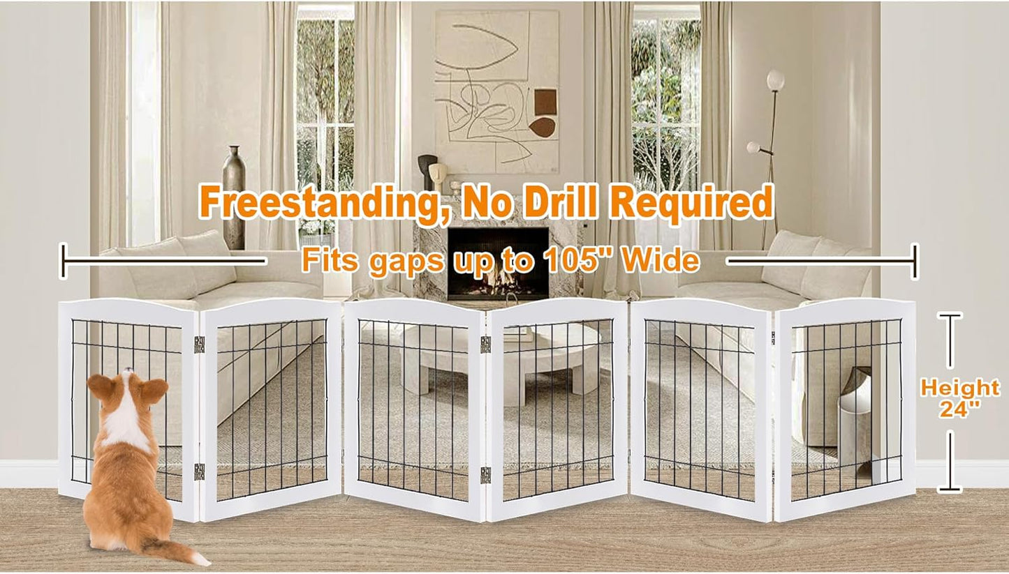 LZRS 2-Panel Freestanding Foldable Wood Dog Gate – Solid Wood & Steel Wire, Chew-Resistant Pet Barrier for Indoor Use, Ideal for Small to Medium Dogs, White