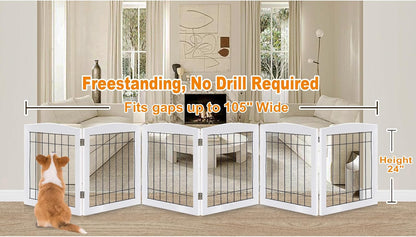 LZRS 2-Panel Freestanding Foldable Wood Dog Gate – Solid Wood & Steel Wire, Chew-Resistant Pet Barrier for Indoor Use, Ideal for Small to Medium Dogs, White