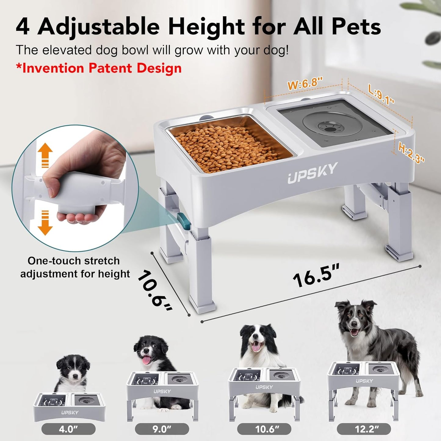 UPSKY 2-in-1 Elevated Dog Bowls Slow Feeder, 4 Height Adjustable Raised Bowl Stand, No Spill Dog Water Bowls, Anti-Slip Food and Water Bowls for Small Medium Dogs(Not Include Stainless Steel Bowl)