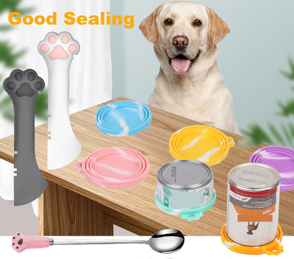 Comtim 5 PCS Pet Food Can Lids & Spoons Set - Silicone Dog Cat Covers With Multi-Function Spatula Opener for Wet Food - Long Handle Easy to Scoop