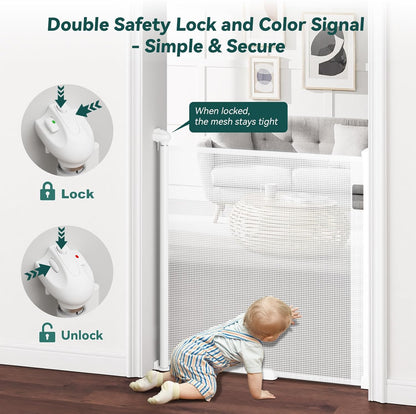 Babepai Retractable Baby Gates for Stairs, Retractable Dog Gate for Indoor/Outdoor Use | Child Gates for Doorways, Deck, Porch, Hallways, Patio (White, 55" Wide 34" Height)