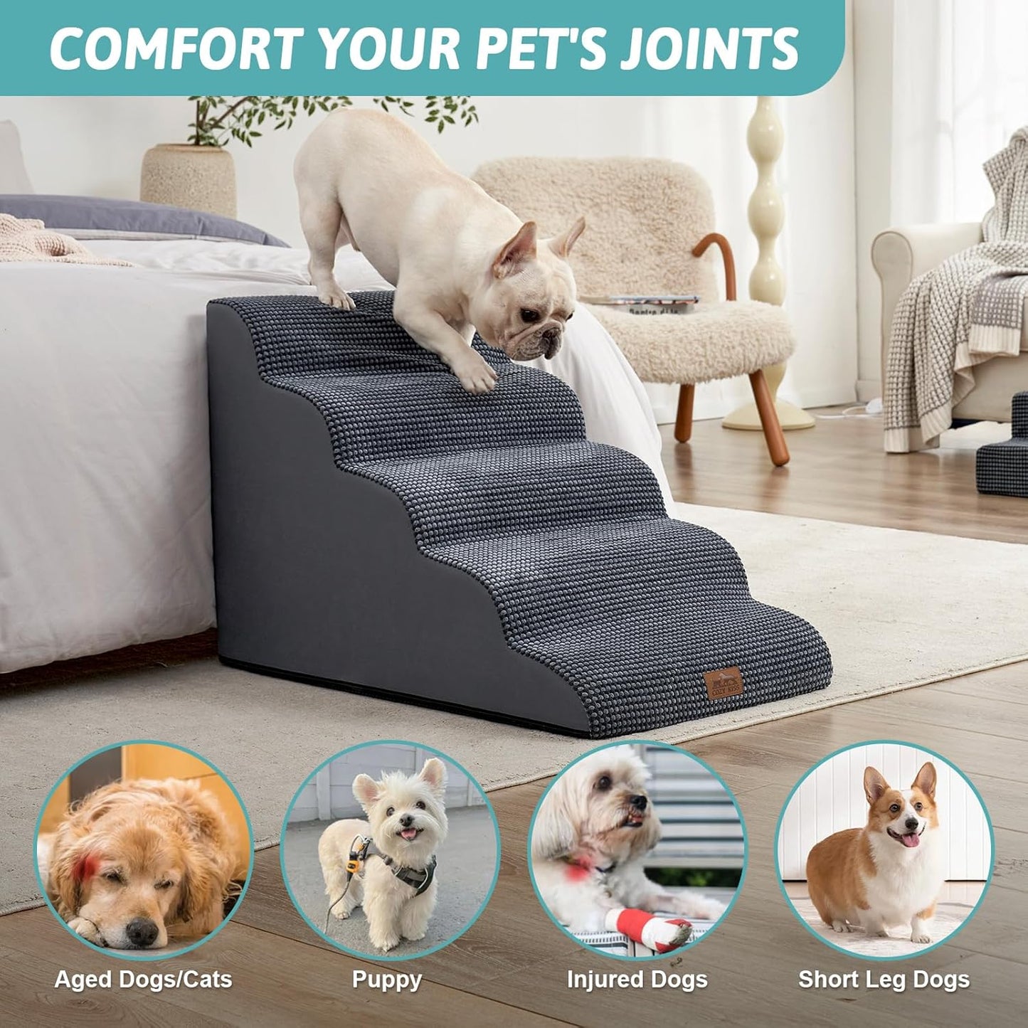COZY KISS Extra Wide Dog Stairs with Tunnel, Foam Detachable Large Dog Step for Small Pet, Puppy or Cats, Medium Pet Ramp for High Bed, Couch, Sofa or Car, 19.7x33x22.4 inch, 5 Step, Beige