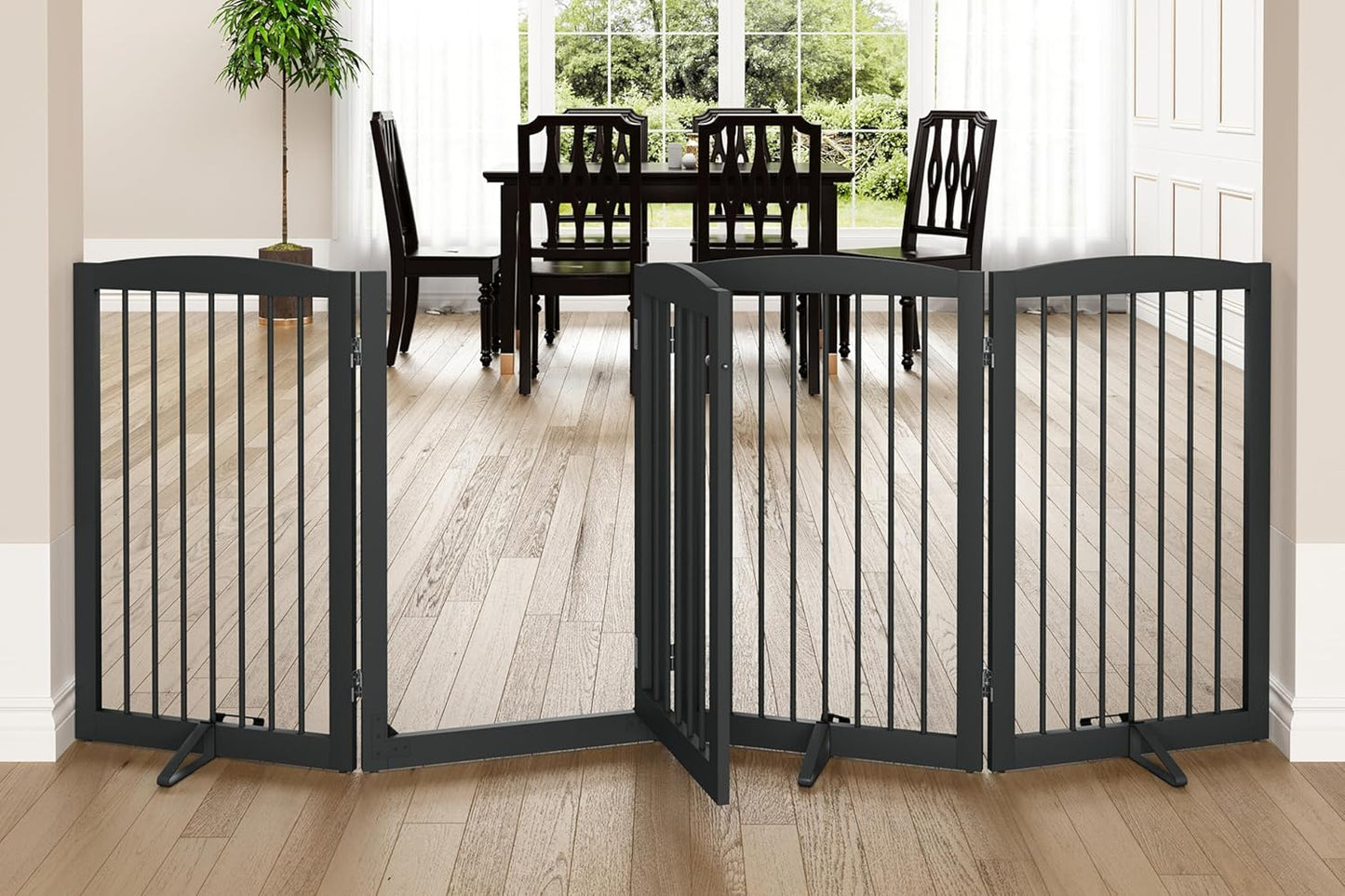 PUPETPO Freestanding Dog Gate with Door, Pet Gate for Stairs, 80 inch Wide Pet Barrier Indoor, Dog Fences Indoor, Support Feet Included, 4 Panels, 24" Tall, Dark Brown