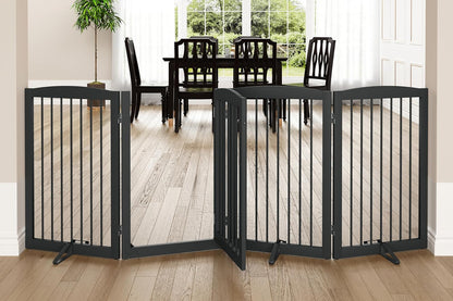 PUPETPO Freestanding Dog Gate with Door, Pet Gate for Stairs, 80 inch Wide Pet Barrier Indoor, Dog Fences Indoor, Support Feet Included, 4 Panels, 24" Tall, Dark Brown