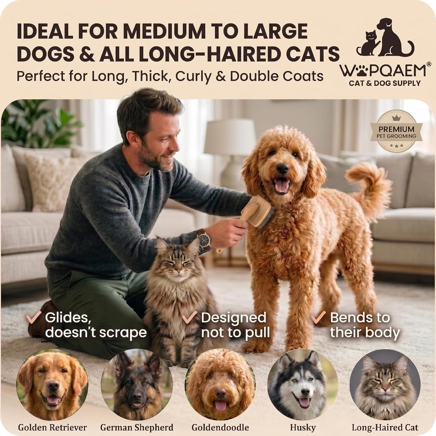 WPQAEM Dog Slicker Brush Set for Detangling & Shedding, Deep Grooming Kit for Thick, Curly & Double Coats (Goldendoodle, German Shepherd), Includes Metal Comb, Cleaning Tool & Bath Brush