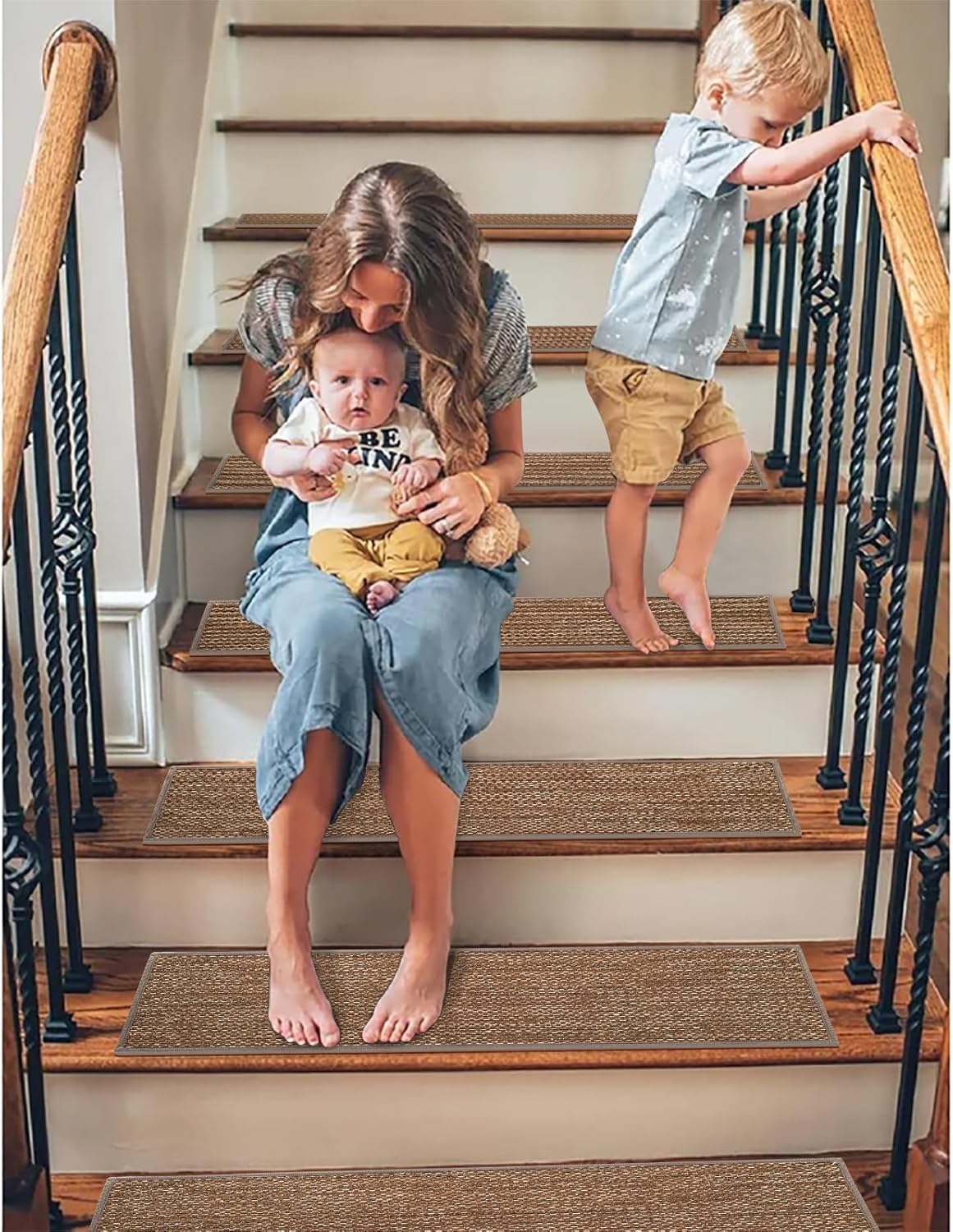 GROWLING Linen Stair Treads for Wooden Steps Indoor 30x8 inch, 15pcs Upgraded Self Adhesive Backing Non Slip Stair Carpets, Peel and Stick Stair Runner Rugs, Reusable Staircase Step Treads(Brown)