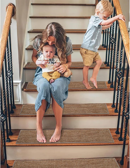 GROWLING Linen Stair Treads for Wooden Steps Indoor 30x8 inch, 15pcs Upgraded Self Adhesive Backing Non Slip Stair Carpets, Peel and Stick Stair Runner Rugs, Reusable Staircase Step Treads(Brown)