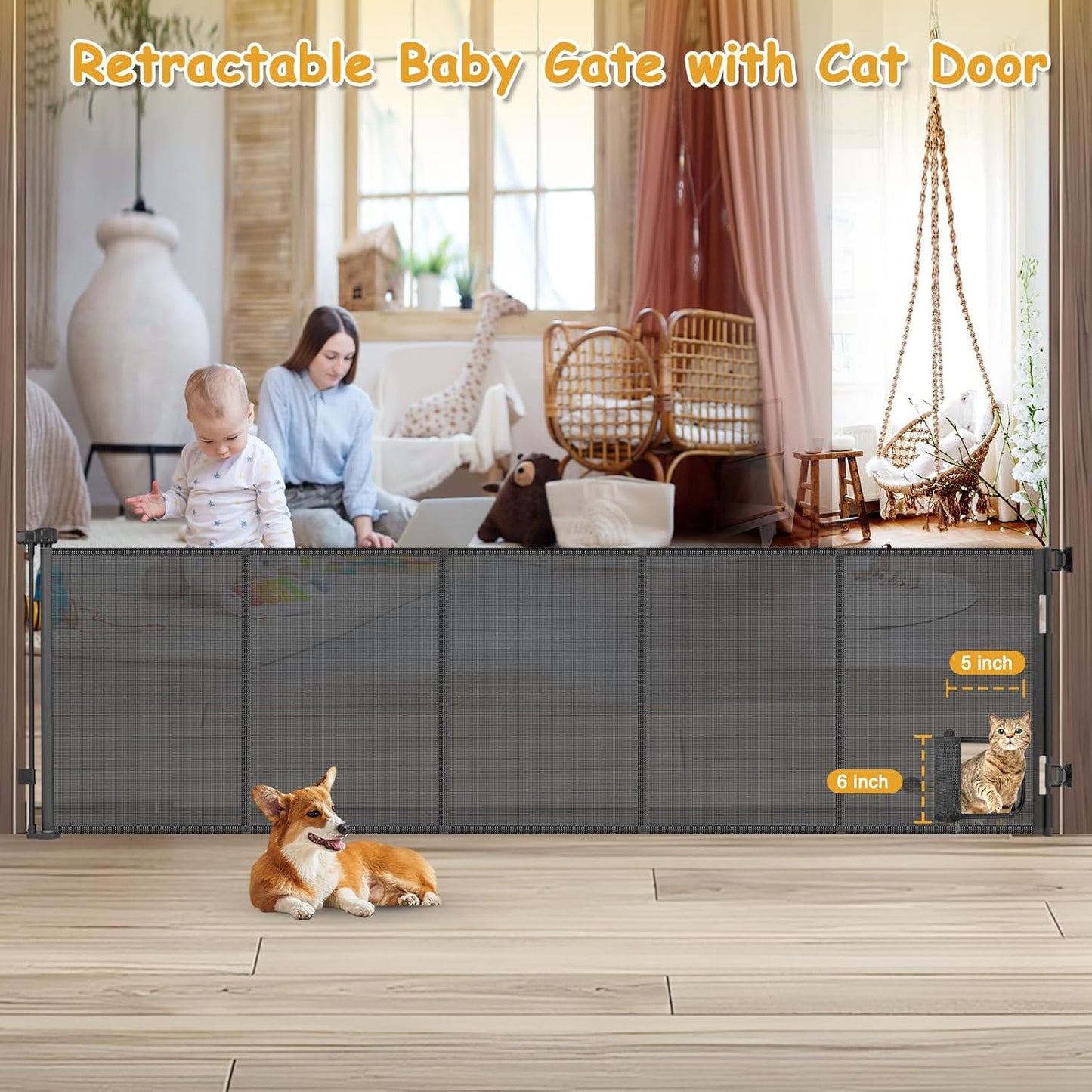 Reinforced 120 Inch Wide Retractable Baby Gates Extra Wide Pet Gate with Cat Door 10ft Extra Long Baby Gates for Large Openings 33 Inch Tall Reinforced Strips Retractable Dog Gate with Cat Door, Black