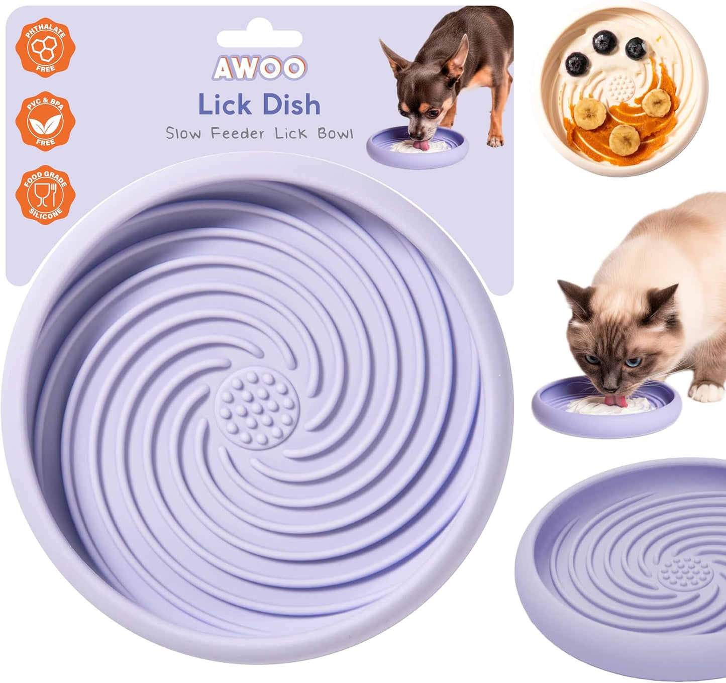 Awoo Lick Dish - Silicone Lick Mat + Slow Feeder for Cats & Small Dogs - Non-Slip Design with Suction Cups - Dishwasher Safe, Extends Mealtime, Reduces Anxiety (Periwinkle)