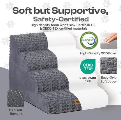 Extra Wide 4-Step Dog Stairs for Bed & Couch 18" H, More Stable Non-Slip Pet Steps with Balanced Foam Structure and Gentle Slopes, Stylish Indoor Dog Steps for Small & Medium Dogs, Gray