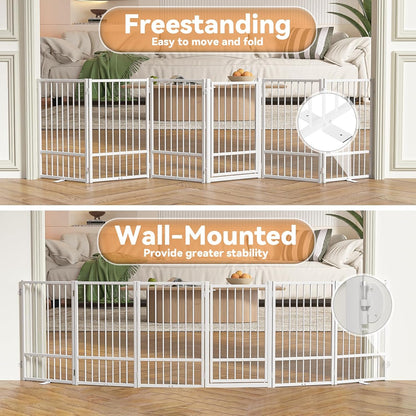 SNUOWU Full Metal Freestanding Dog Gate with Door, 32''Height Foldable Pet Dog Fence for Indoor & Outdoor, 4 Panels Extra Wide Free Standing TallDog Gates for Doorways,House,Stairs,Porch,Deck,Yard