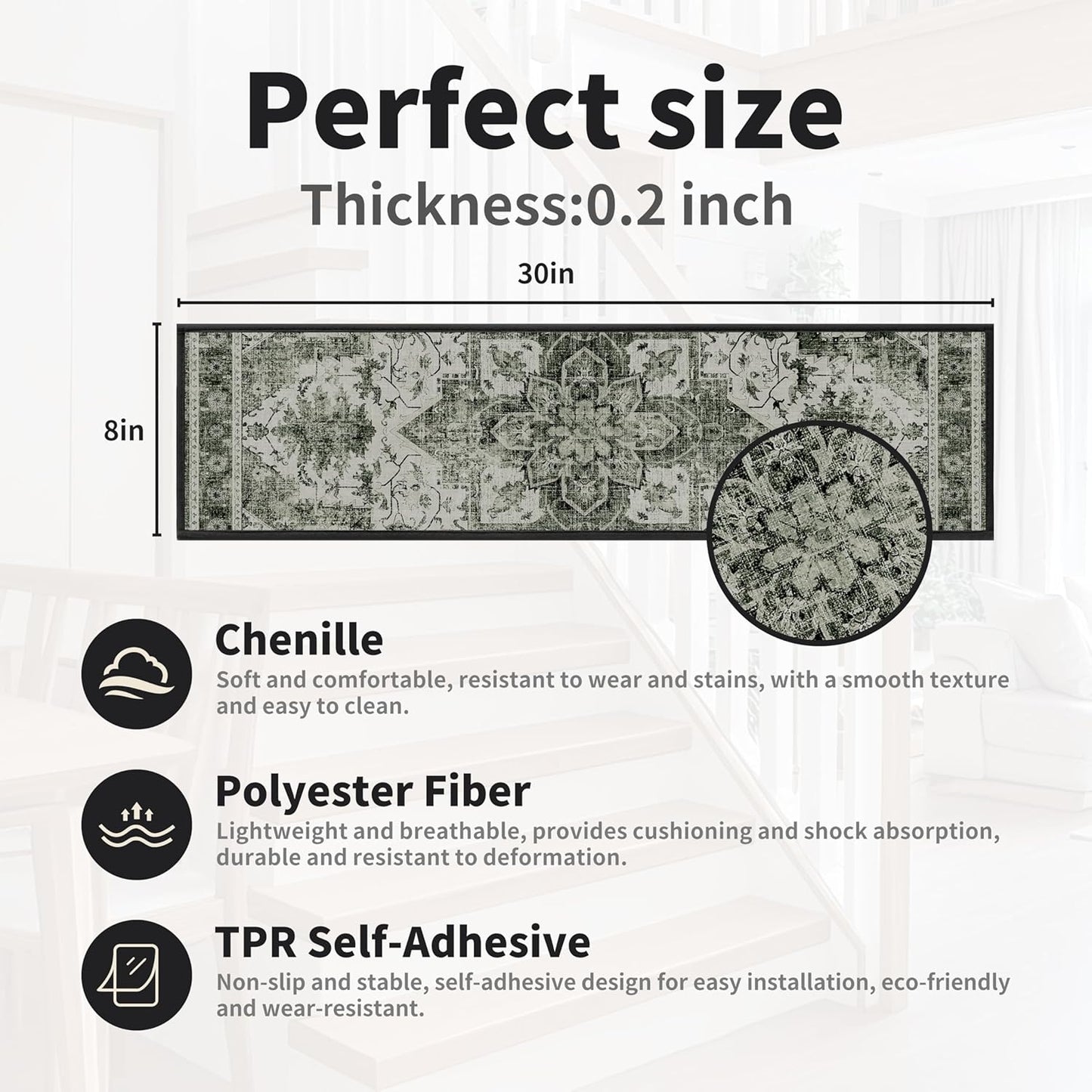 Non-Slip Stair Treads for Wooden Steps 15pcs,8"x30" Stair Carpet Treads for Indoor Use,Peel and Stick Stair Runners,Washable Reusable Adhesive Backing,Pet-Friendly Stair Capet for Kids,Elders,Dogs