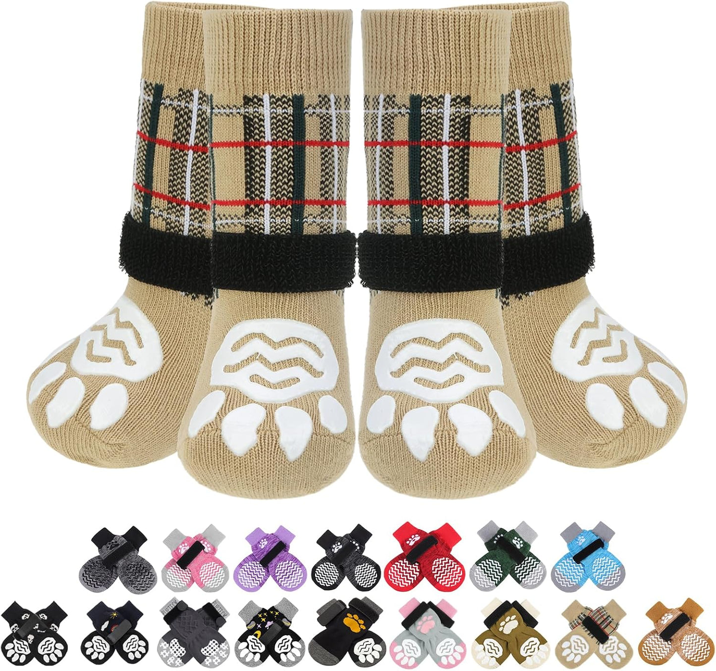 PUPTECK Anti Slip Dog Socks with Double Grippers for Hardwood Floors, Shoes for Hot/Cold Pavement, Boots & Paws Protectors to Prevent Licking, Traction Booties for Senior Small Large Dogs