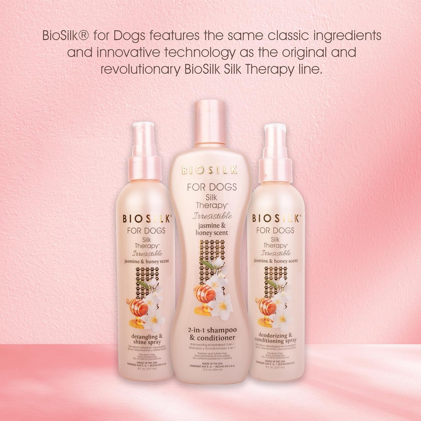 BioSilk for Dogs Silk Therapy Irresistible Detangling and Shine Spray, Jasmine and Honey Scent, Hydrolyzed Silk Proteins, Paraben Free, pH Balanced for Dogs, Safe for Dogs 8 Weeks+, 8 fl oz