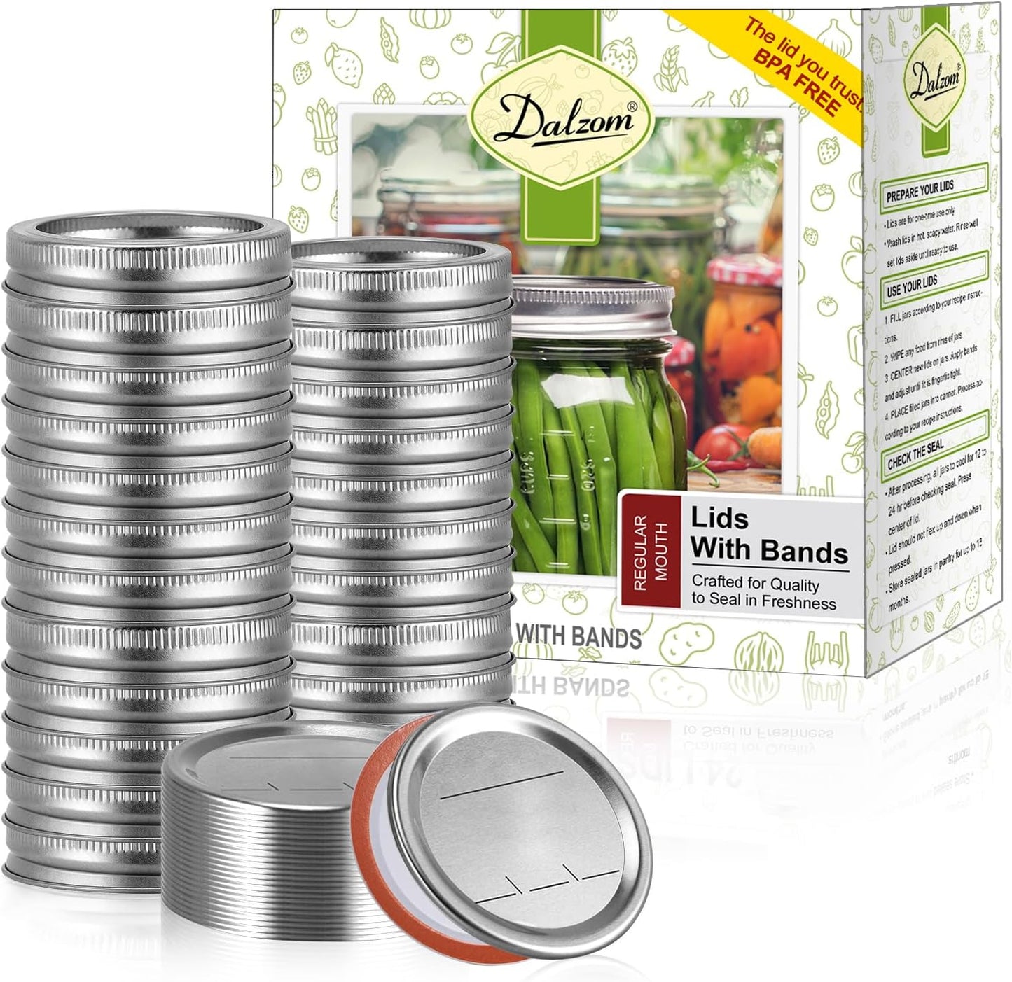 Dalzom® 24Pcs Canning Lids with 24Pcs Rings Regular Mouth, Premium Mason Jar Lids with Bands/Rings for Ball, Kerr Jars - Food Grade Material, 100% Fit & Airtight for Regular Mouth Mason Jars