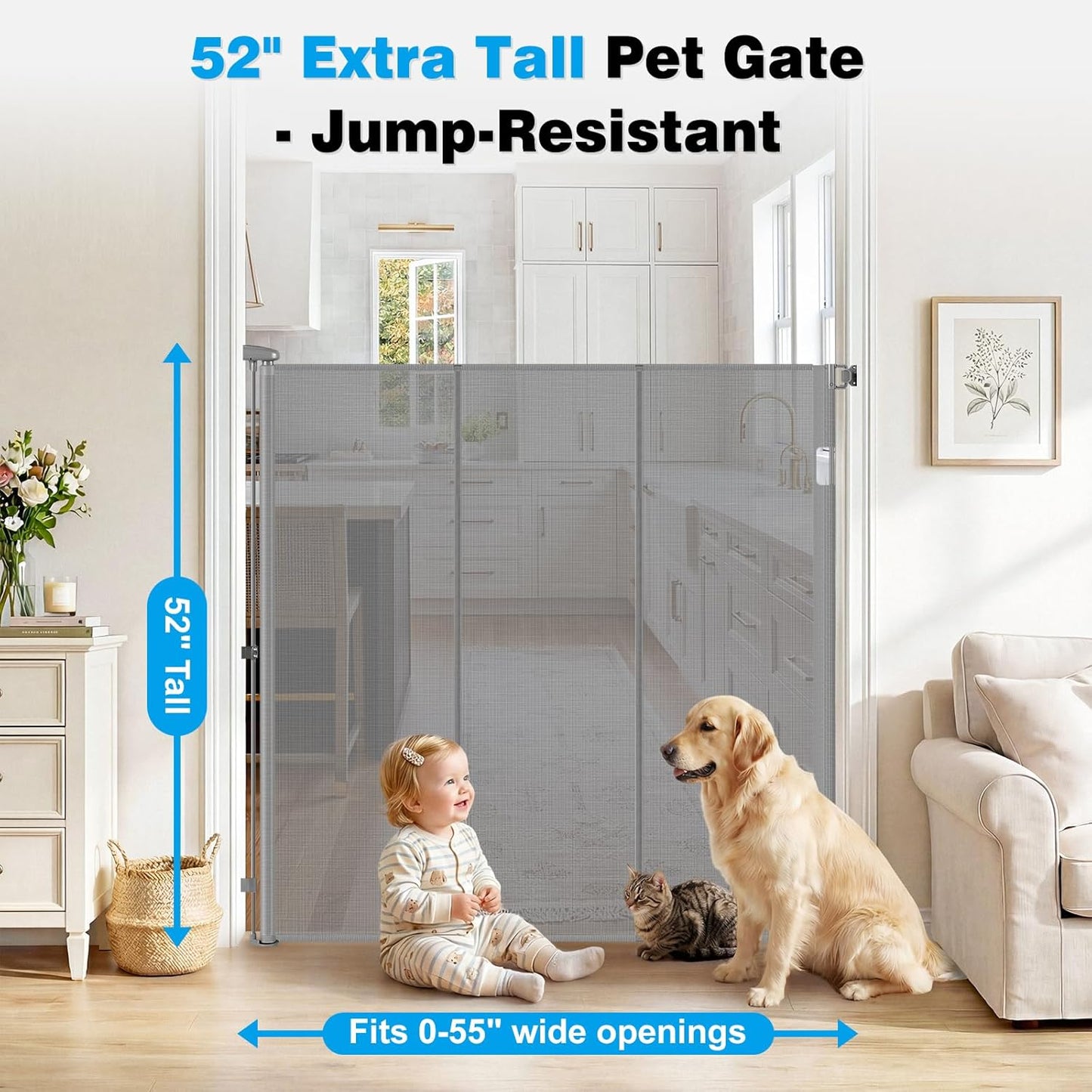 Reinforced 52" Extra Tall Dog Gate for Doorway, Jump-Resistant & Prevent Crawling Underneath Retractable Dog Gates Indoor, 0-55" W Retractable Baby Gate for Doorway, Safety Extra Tall Cat Gate, White