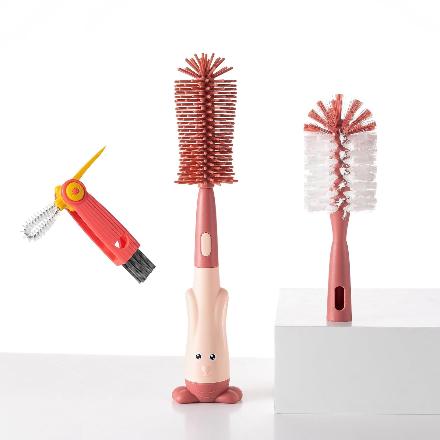 Chemimoso Cup Cleaning Brush, Silicone Baby Bottle Brush with Stand, Large Handle Water Bottle Brush Cleaner Set, with a Tiny Cup Lid Gap Cleaning Brushes Kit, Pawprint, Pink