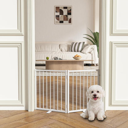 SNUOWU Full Metal Freestanding Dog Gate with Door, 32''Height Foldable Pet Dog Fence for Indoor & Outdoor, 4 Panels Extra Wide Free Standing TallDog Gates for Doorways,House,Stairs,Porch,Deck,Yard