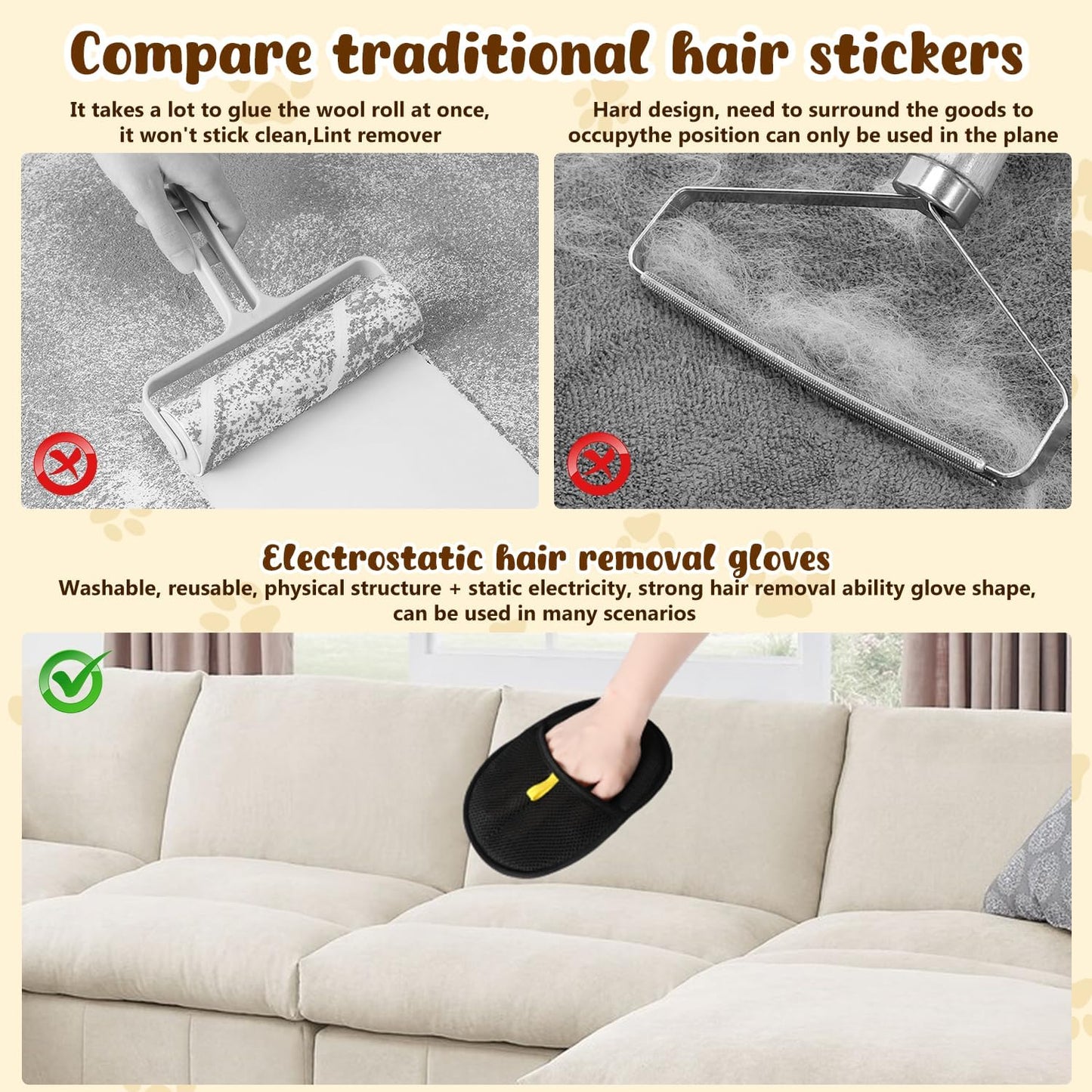 Pet Hair Removal Glove,Electrostatic Efficient Grooming Gloves for Pet Hair,Cat Grooming Gloves,Upgraded Animal Fur Removal Tool,Reusable Cat & Dog Hair Remover for Couch,Carpet,Curtain-2pcs