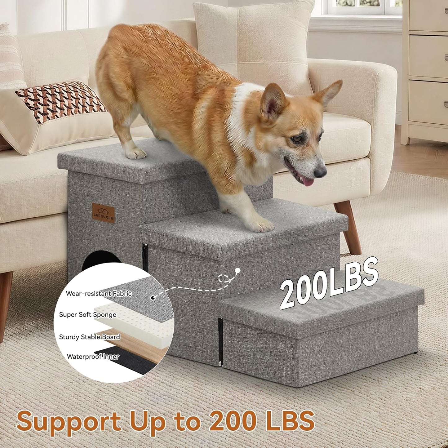 Zerbuger Wider Dog Ramp for High Bed with Storage 18" H, Foldable Dog Stairs for Small Medium Large Older Senior Animal, Sturdy Dog Step for Climbing Bed or Couch, Arthritis-Friendly (Gray, No Condo)