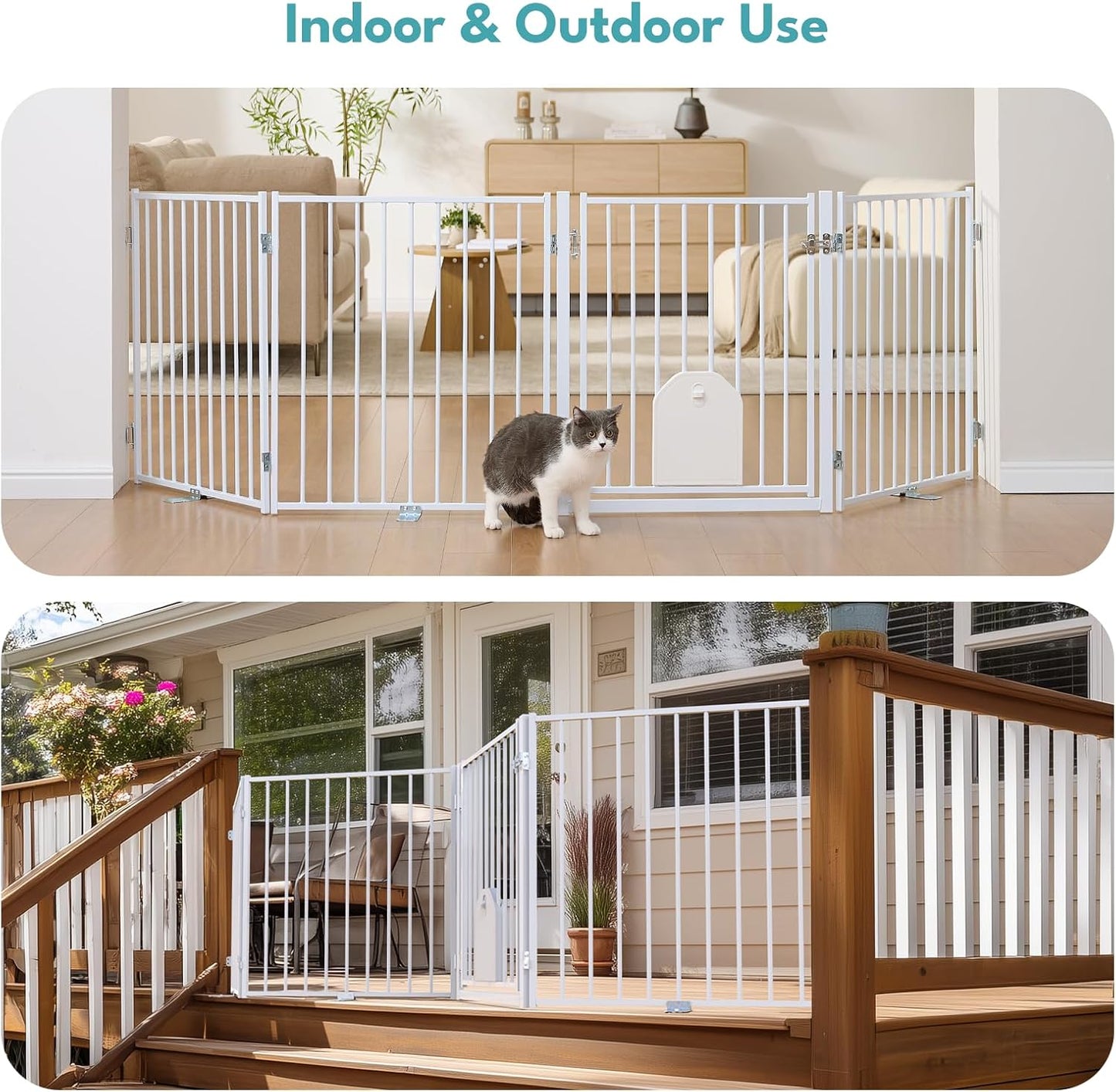 No Pawblems Dog Gate with Cat Door, Free Standing 30'' Tall Foldable Dog Fence for Indoor & Outdoor, Up to 156 Inch Extra Wide Puppy Gate for Stairs, Hallways, Doorways, Deck, Yard (Black, 6 Panels)