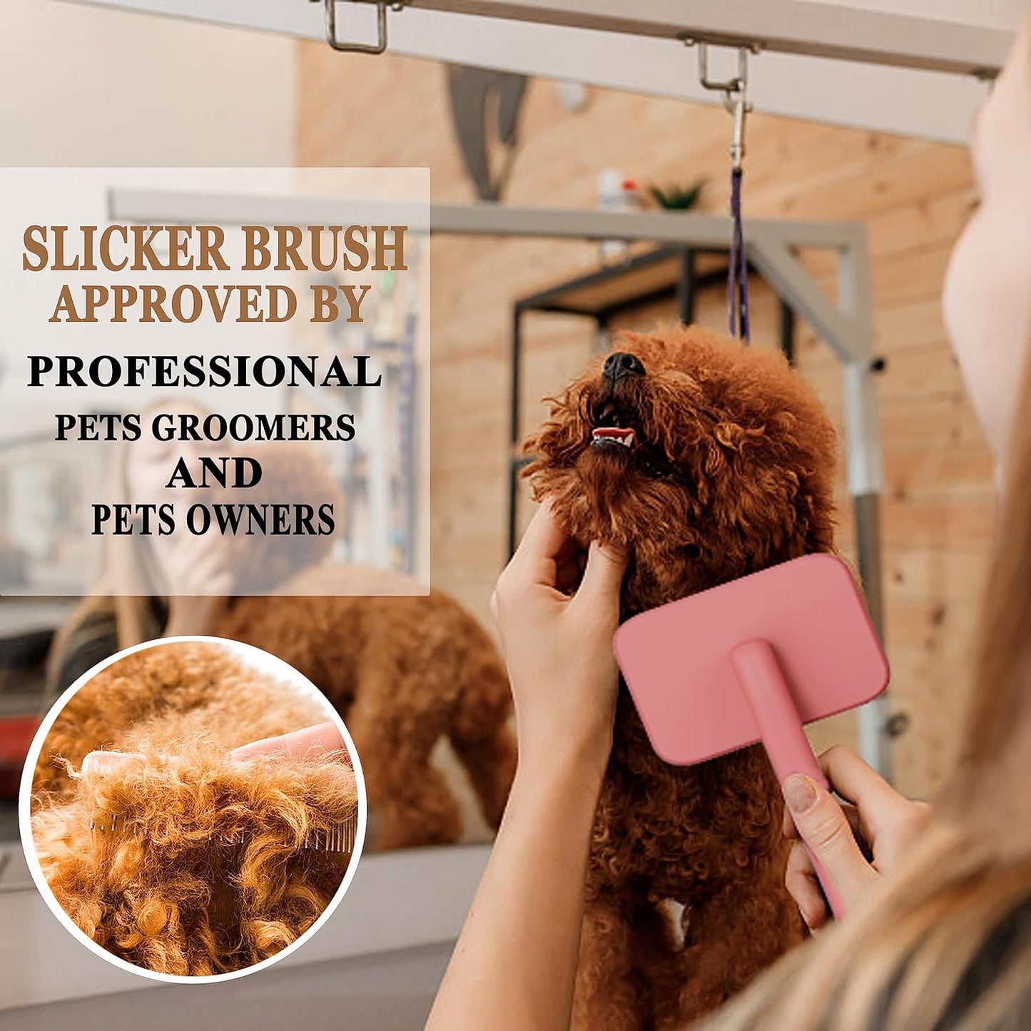 Dog Slicker Brushes for Poodles,Doodles,Goldendoodles,Bernedoodle.Dog Brushes for Thick Long Curly Fur Deshedding,Fluff,Grooming.Remove Loose Fur Quick Easy.Long Pin Slicker Brush.Wooden(Large)